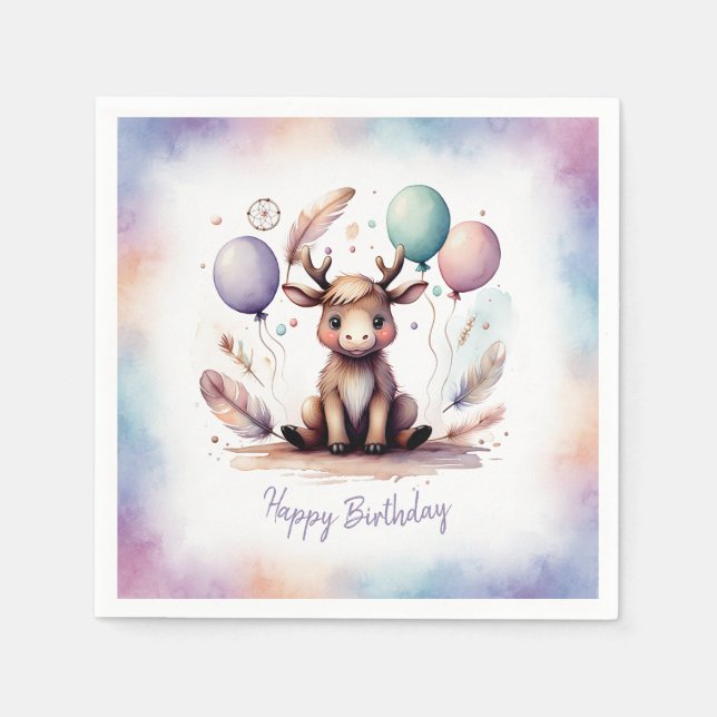 Serviette En Papier Cute Watercolor Moose with Balloons Birthday  (Devant)