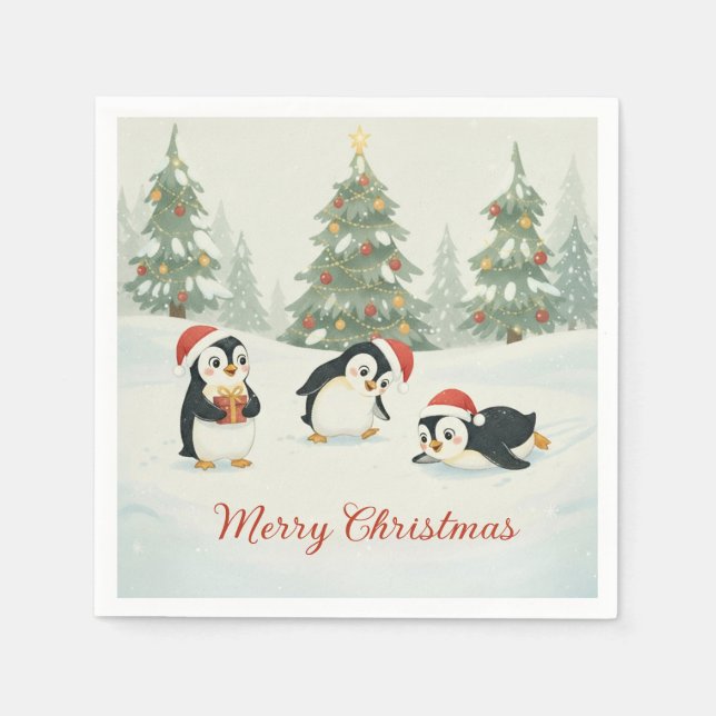 Serviette En Papier Cute Watercolor Penguins Christmas Forest (Devant)