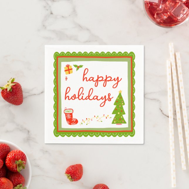 Serviette En Papier Cute Whimsical Christmas Icons HAPPY HOLIDAYS (En situation)