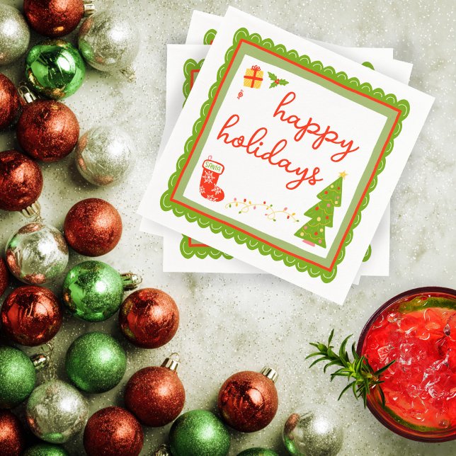 Serviette En Papier Cute Whimsical Christmas Icons HAPPY HOLIDAYS (Cute Whimsical Christmas Icons HAPPY HOLIDAYS Napkins
)