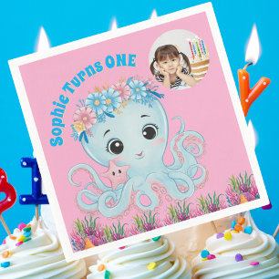 Serviette En Papier Cute Whimsical Floral Octopus Girl Photo Anniversa