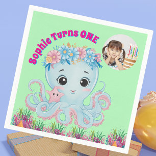 Serviette En Papier Cute Whimsical Floral Octopus Girl Photo Anniversa