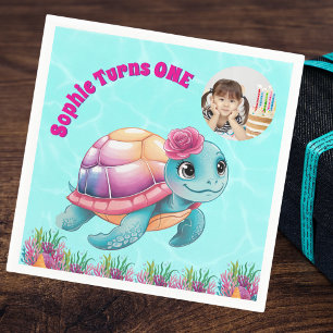 Serviette En Papier Cute Whimsical Floral Tortue photo Anniversaire