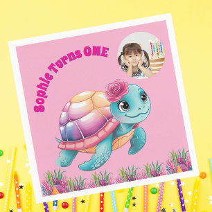 Serviette En Papier Cute Whimsical Floral Tortue photo Anniversaire