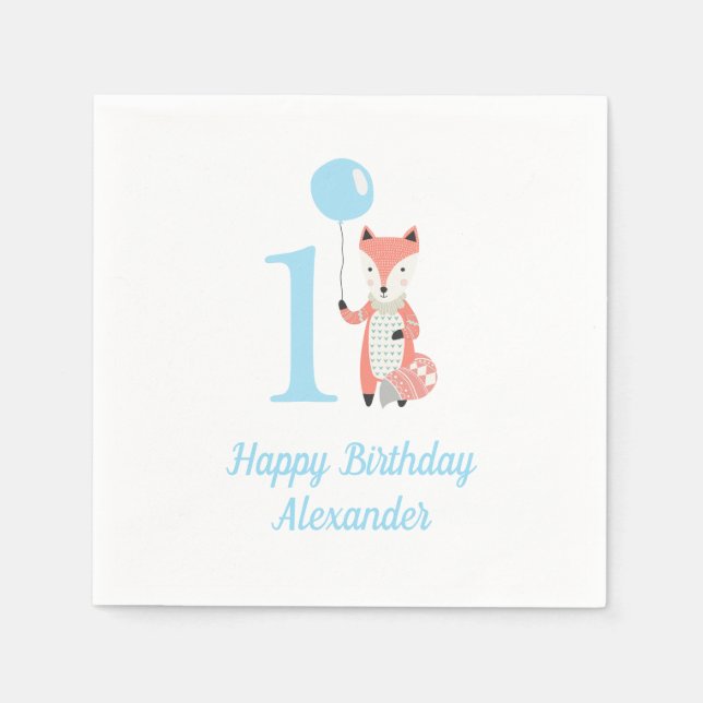 Serviette En Papier Cute Whimsical Fox & Balloon Blue 1er anniversaire (Devant)
