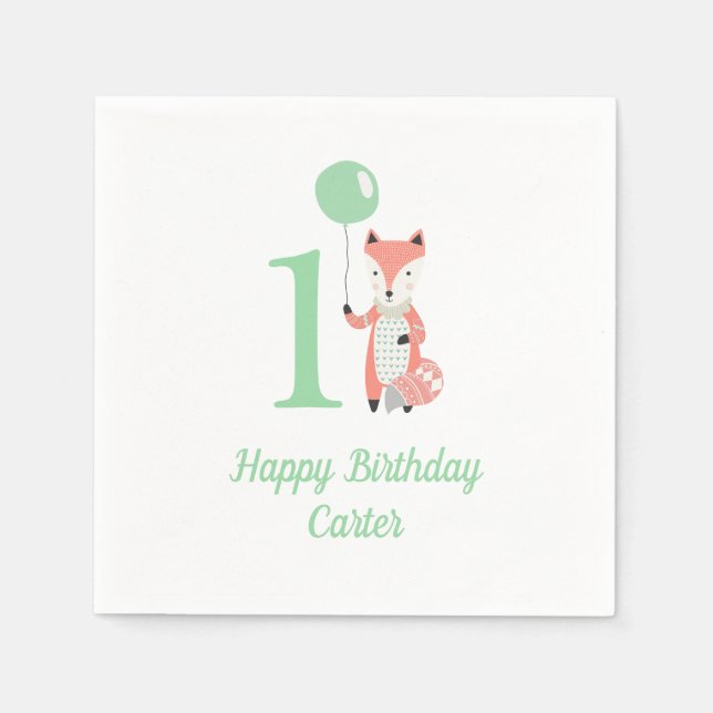 Serviette En Papier Cute Whimsical Fox & Balloon Vert 1er Anniversaire (Devant)