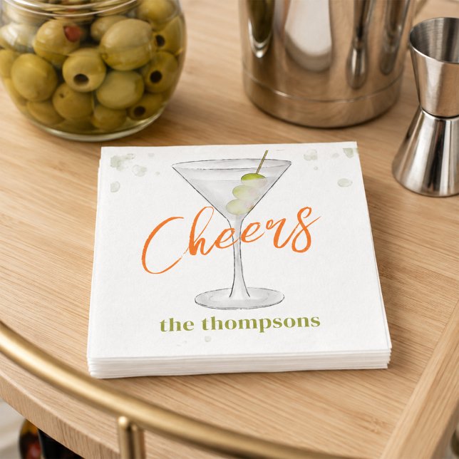 Serviette En Papier Cute Whimsical Martini Cocktail Simple Party (Personalized martini cocktail napkins featuring whimsical watercolor art and family text.)