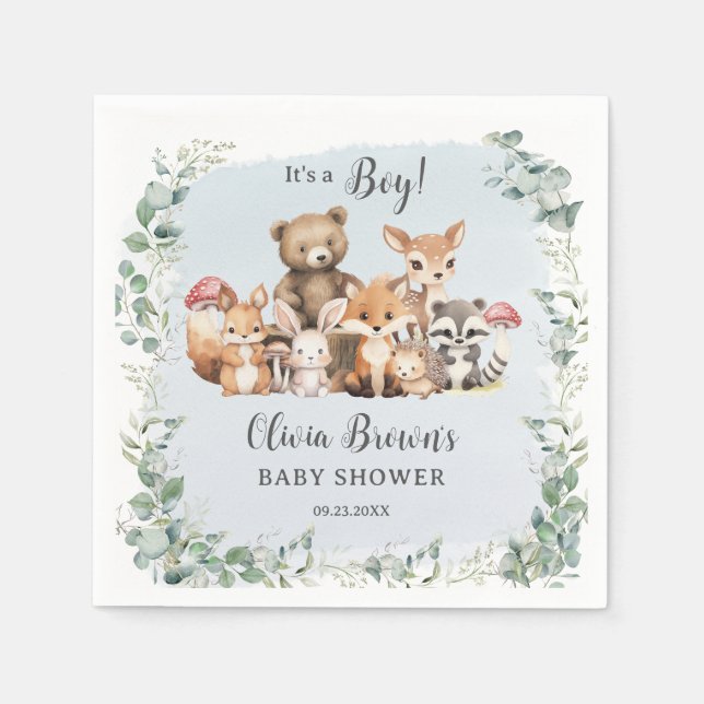 Serviette En Papier Cute Woodland Animaux Végétation Boy Baby shower (Devant)