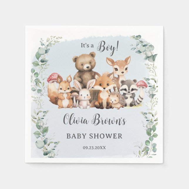 Serviette En Papier Cute Woodland Animaux Végétation Boy Baby shower (Devant)