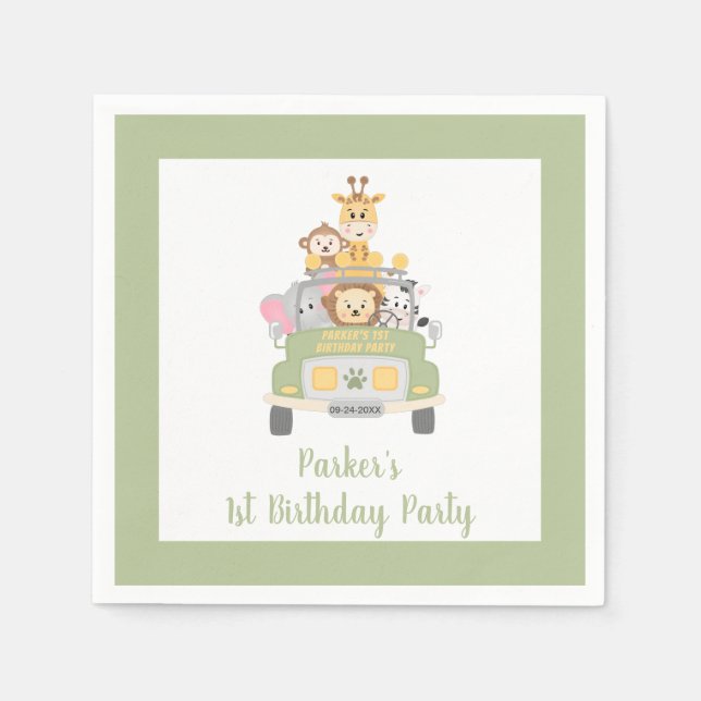 Serviette En Papier Cute Zoo Animal Safari 1ère fête d'anniversaire (Devant)
