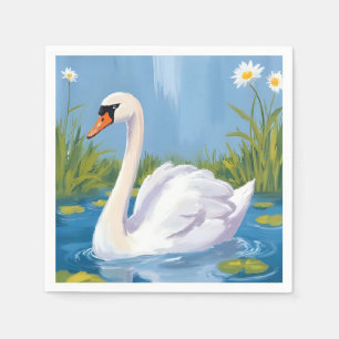 Serviette En Papier Cygne blanc Peinture d'oiseau à l'aquarelle sur
