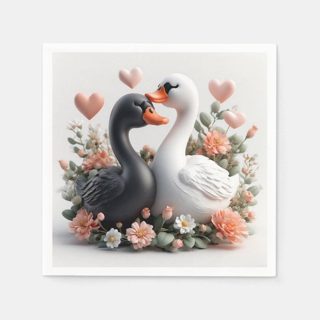 Serviette En Papier Cygnes Romantiques Décorés de Fleurs (Devant)
