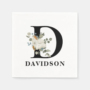 Serviette En Papier D de monogramme noir floral blanc