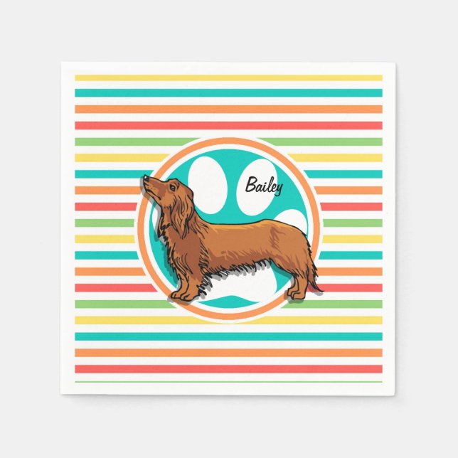 Serviette En Papier Dachshund aux cheveux longs; Bright Rainbow Stripe (Devant)