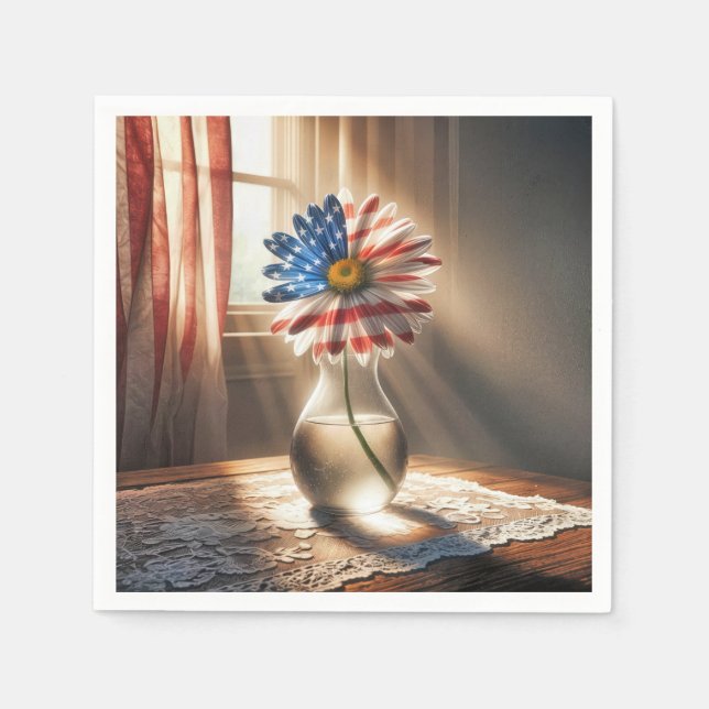 Serviette En Papier Daisée Drapeau Américain Dans Vase De Verre (Devant)