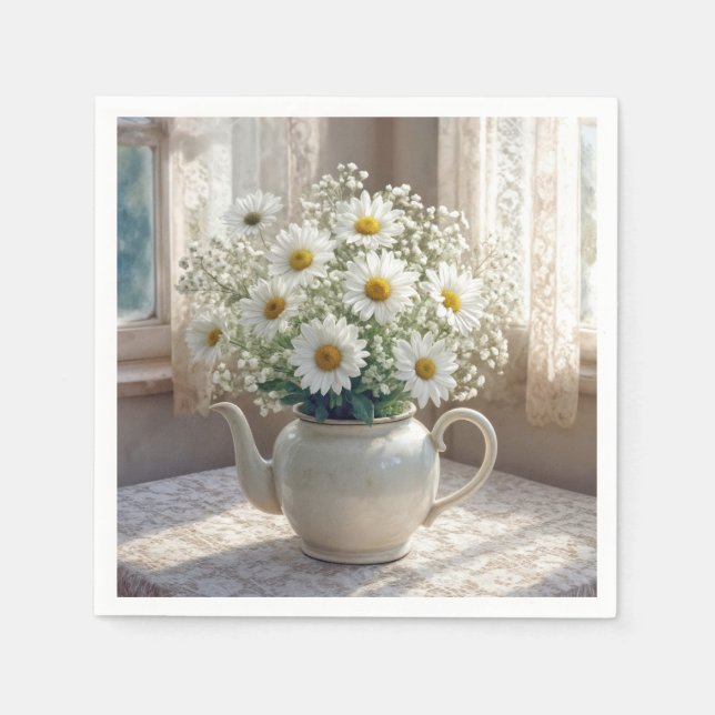 Serviette En Papier Daisy Bouquet in an Antique Teapot (Devant)