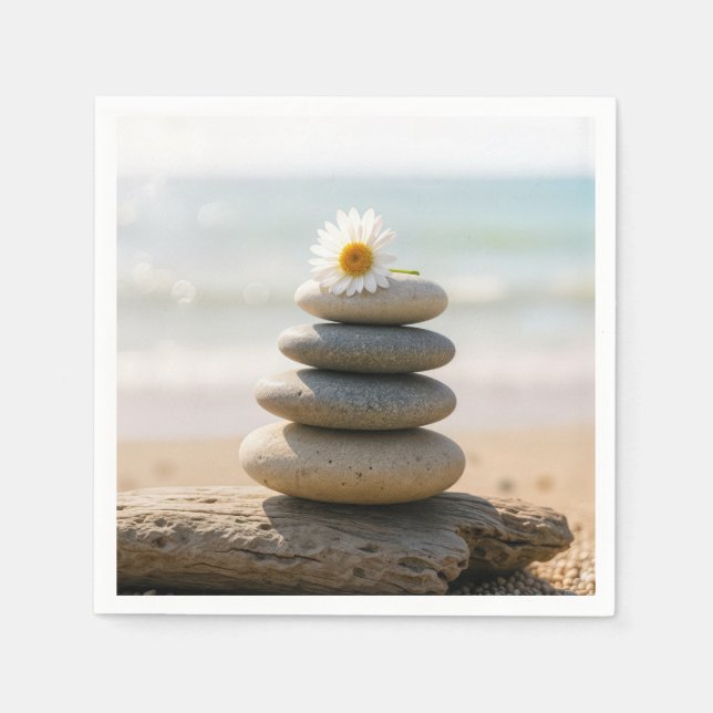 Serviette En Papier Daisy on a Stone Beach Cairn With Driftwood (Devant)