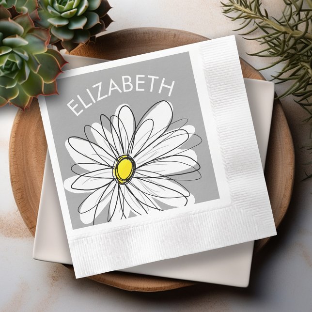 Serviette En Papier Daisy tendance avec fête gris et jaune (Personalized cocktail and dinner napkins)