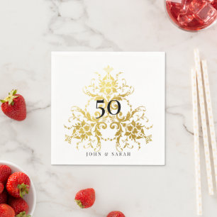 Serviette En Papier Damas blanc & or personnalisé 50e anniversaire