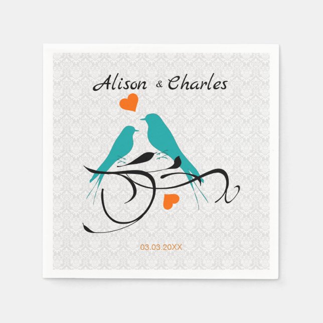 Serviette En Papier Damas Blanches Et Oiseaux (Devant)