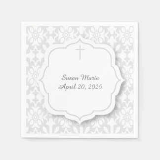Serviette En Papier Damas gris avec étiquette décorative et croix