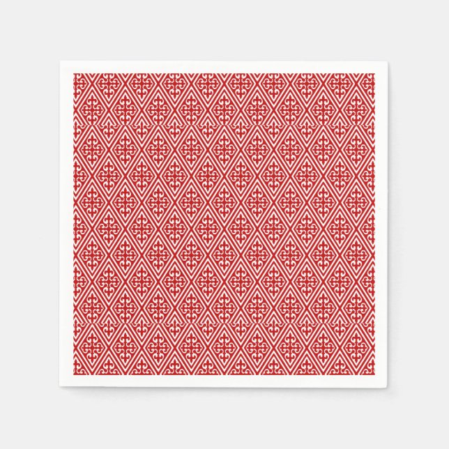 Serviette En Papier Damas médiéval Fleur de lis, rouge et blanc (Devant)