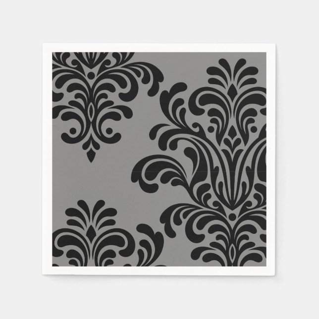Serviette En Papier Damas noir sur Motif gris (Devant)