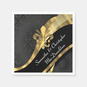 Serviette En Papier Damas noires et fleur de lys or