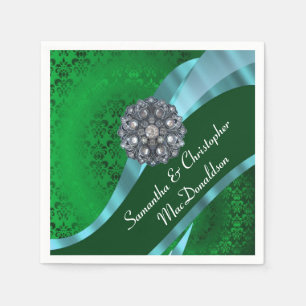 Serviette En Papier Damas vertes et strass de cristal