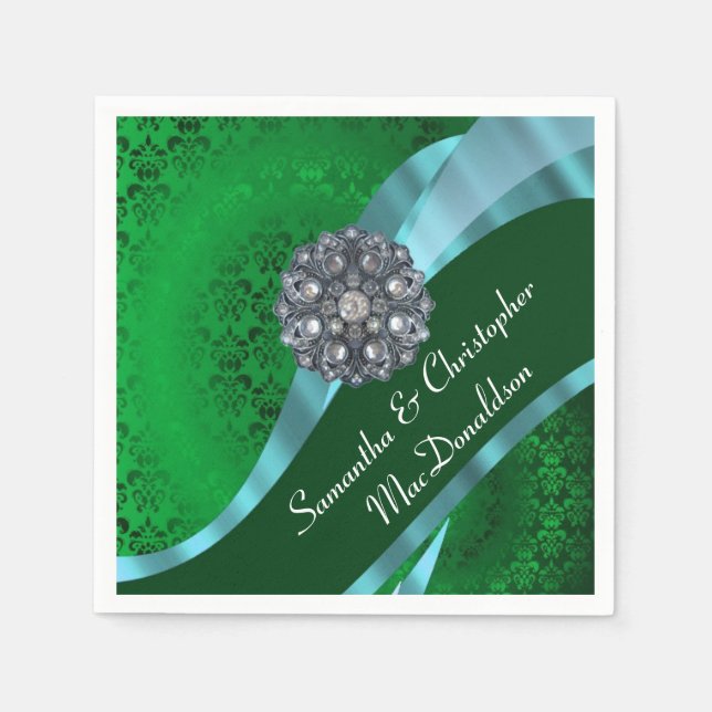 Serviette En Papier Damas vertes et strass de cristal (Devant)