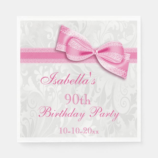 Serviette En Papier Damask & Faux Bow Girls 90e anniversaire (Devant)