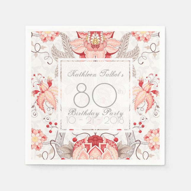 Serviette En Papier Damask Floral 80th Birthday Party Papier Napkin (Devant)