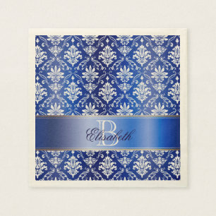 Serviette En Papier Damassé bleue et blanche de monogramme