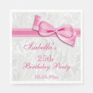 Serviette En Papier Damassé & Faux Nœud Filles 25e Anniversaire