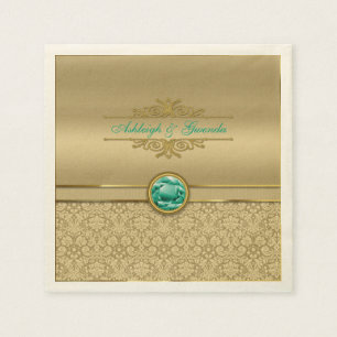 Serviette En Papier Damassé métallique d'or de pierre gemme de vert