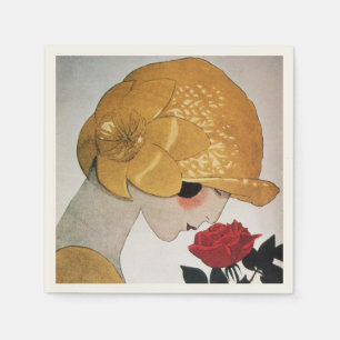 SERVIETTE EN PAPIER DAME AVEC ROSE ROUGE