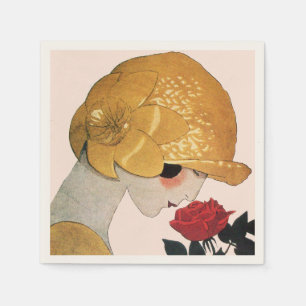 Serviette En Papier DAME AVEC ROSE ROUGE, Rose