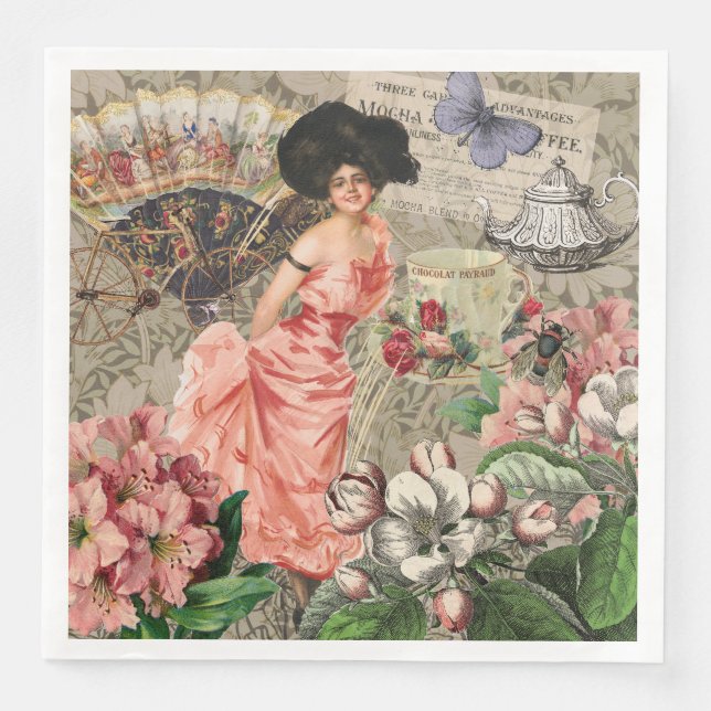 Serviette En Papier Dame du café femme victorienne rose riche robe (Devant)