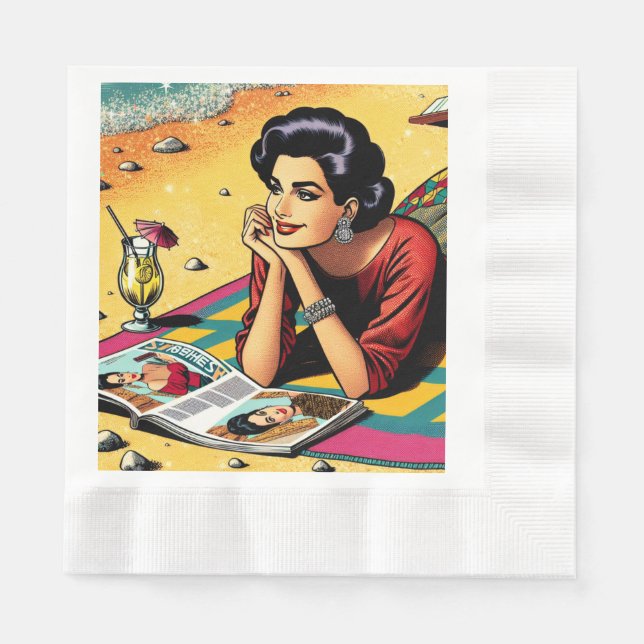 Serviette En Papier Dame Rétro sur la Plage Rêvant de Mode (Devant)