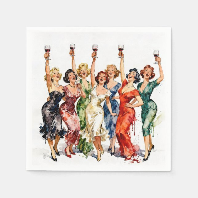 Serviette En Papier Dames de soirée rétro au vin rouge (Devant)