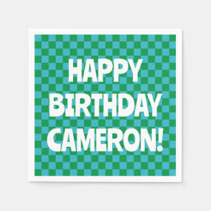 Serviette En Papier Damier Rétro Bleu Vert Nom d'Anniversaire Personna