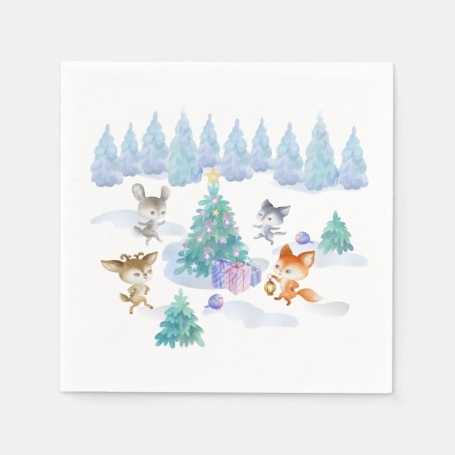 Serviette En Papier Danse Animaux de forêt Noël Aquarelle (Devant)