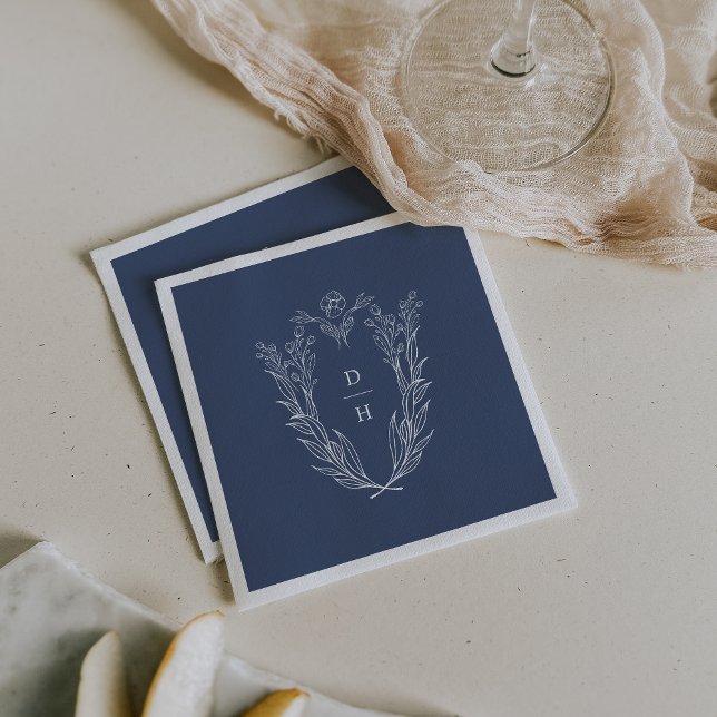 Serviette En Papier DAPHNE Moderne Bleu foncé Blanc Mariage botanique (DAPHNE Modern Dark Blue White Botanical Wedding Napkins)