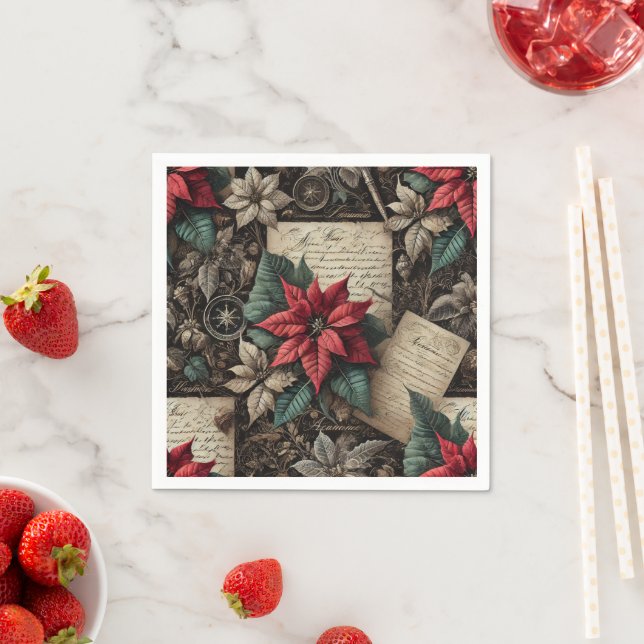 Serviette En Papier Dark Academia Poinsettia Stationery Découpage (En situation)