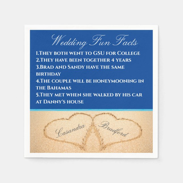 Serviette En Papier Dark Blue Beach Wedding 2 Coeurs Sand Fun Faits (Devant)