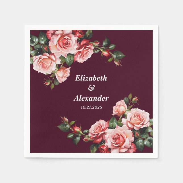 Serviette En Papier Dark moody pink and red roses burgundy wedding  (Devant)