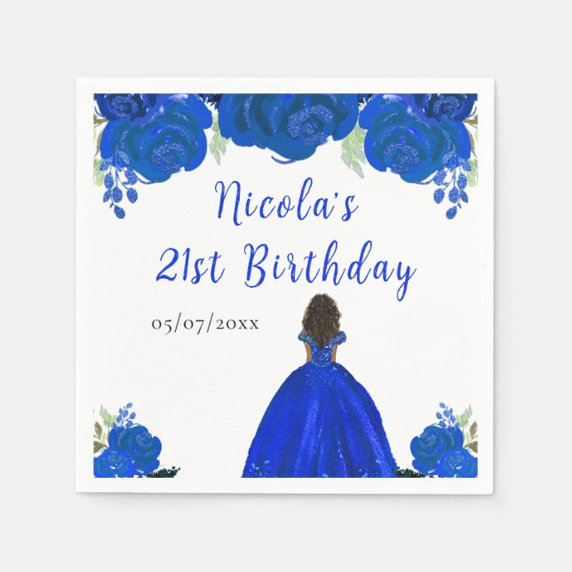 Serviette En Papier Dark Skin Princess Blue Floral Birthday Party (Devant)