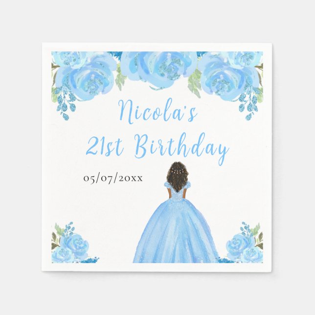 Serviette En Papier Dark Skin Princess Blue Floral Birthday Party (Devant)