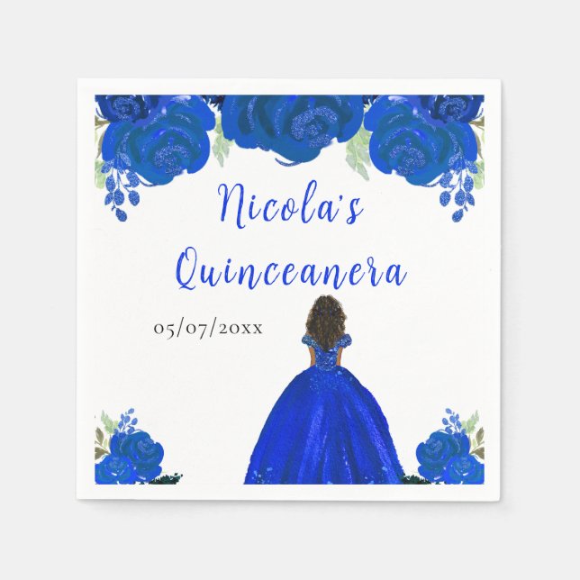 Serviette En Papier Dark Skin Princess Blue Floral Quinceanera (Devant)