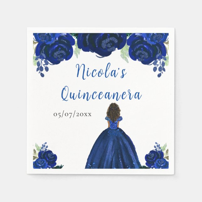 Serviette En Papier Dark Skin Princess Navy Floral Quinceanera (Devant)